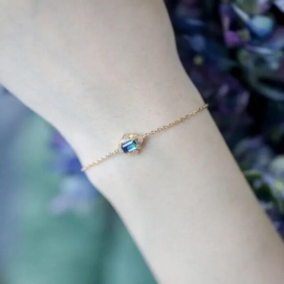 Style Sterling Silver Bracelet Blue Dainty Gold Chain with Blue Stone - Picture 2 of 6